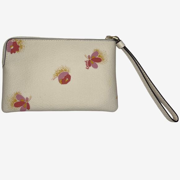 Coach Floral Print Corner Zip Wristlet In Ivory Leather With Pink Flowers - Picture 5 of 13